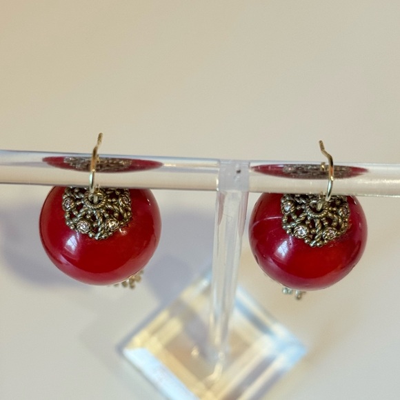 Vintage Style Red Ball & Gold Filigree Tassel Drop Earrings - Picture 5 of 5